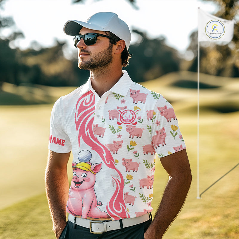 Men's model wearing Glitter Pig Golf Polo Shirt, country golf fashion, personalized golf apparel, custom golf outfit, glitter sportswear.