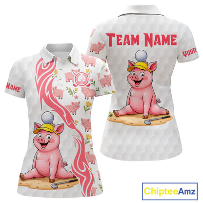 Pink and White Glitter Pig Women's Golf Polo Shirt mockup, personalized golf polo, glitter pig golf apparel, custom golf team clothing, breathable performance golf shirt, stylish golf outfit.