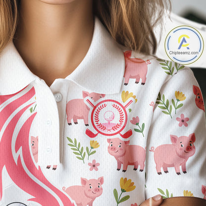 Women's model wearing Glitter Pig Golf Polo Shirt, farmhouse golf apparel, sparkling golf fashion, personalized golf clothing, custom golf team outfit, women's golf lifestyle.