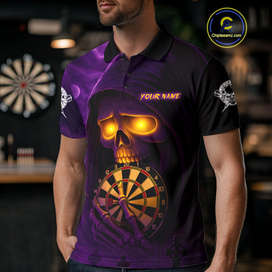 Custom Purple-Yellow Grim Reaper Halloween Men Dart Polo Shirt Dart Tournament Jersey NYN1449