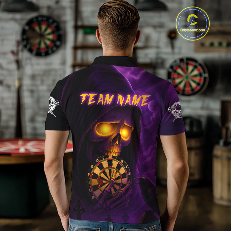 Custom Purple-Yellow Grim Reaper Halloween Men Dart Polo Shirt Dart Tournament Jersey NYN1449