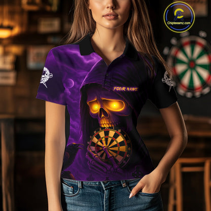 Custom Purple-Yellow Grim Reaper Halloween Women Dart Polo Shirt Dart Tournament Jersey NYN1449