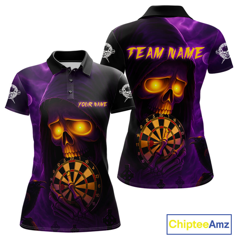 Custom Purple-Yellow Grim Reaper Halloween Women Dart Polo Shirt Dart Tournament Jersey NYN1449
