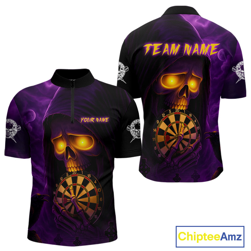 Custom Purple-Yellow Grim Reaper Halloween Men Dart 1/4-Zip Shirt Dart Tournament Jersey NYN1449
