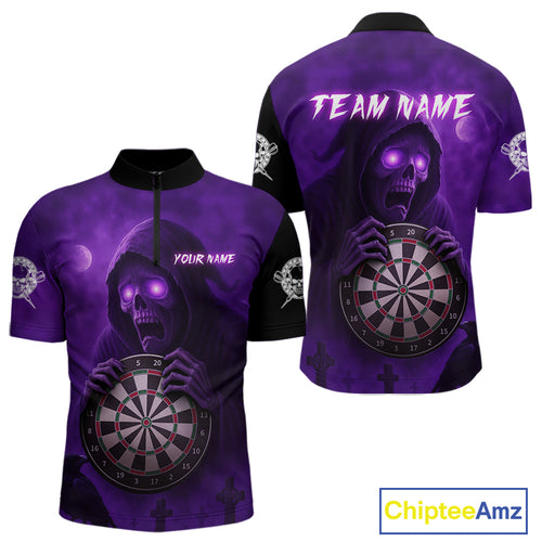 Custom Purple Ravens Grim Reaper Halloween Men Dart 1/4-Zip Shirt Dart Team Jersey NYN1450