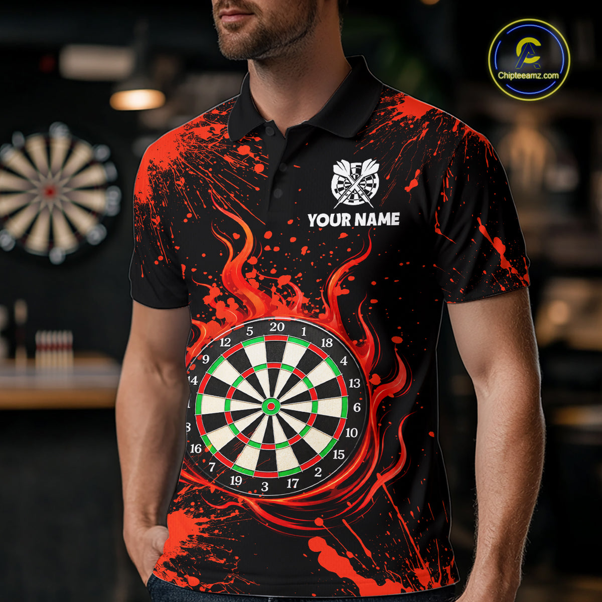Custom Red Splatter Dartboard Flame Darts Polo 1/4-Zip Shirt For Men US Flag Darts Team Apparel NYN4530