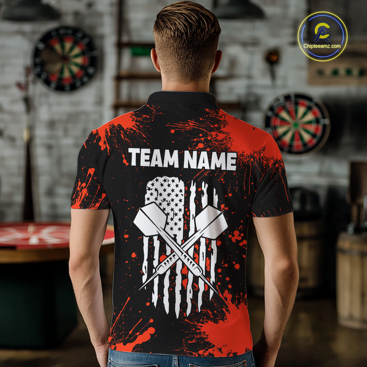 Custom Red Splatter Dartboard Flame Darts Polo 1/4-Zip Shirt For Men US Flag Darts Team Apparel NYN4530