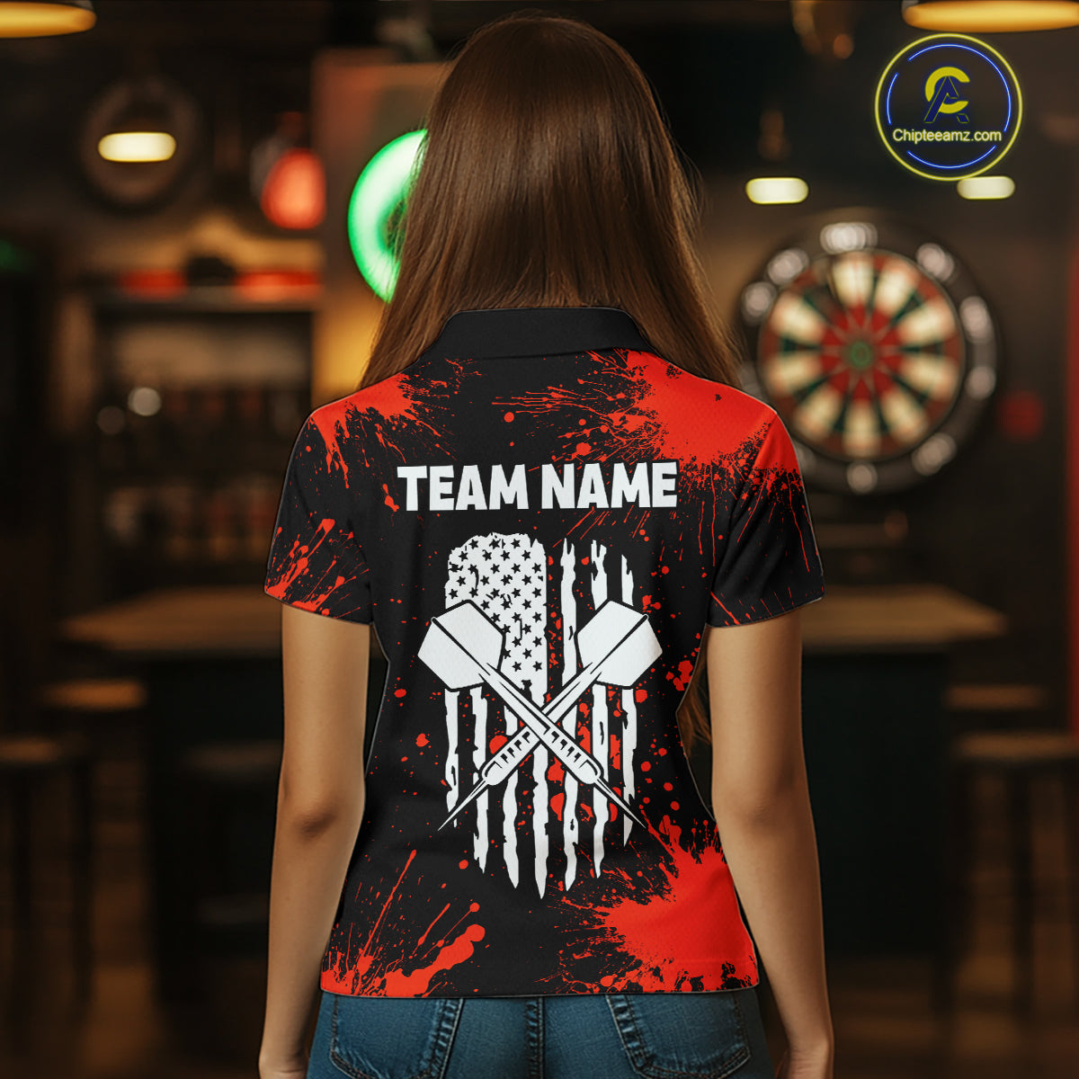 Custom Red Splatter Dartboard Flame Darts Polo 1/4-Zip Shirt For Women US Flag Darts Team Apparel NYN4530