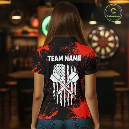 Custom Red Splatter Dartboard Flame Darts Polo 1/4-Zip Shirt For Women US Flag Darts Team Apparel NYN4530
