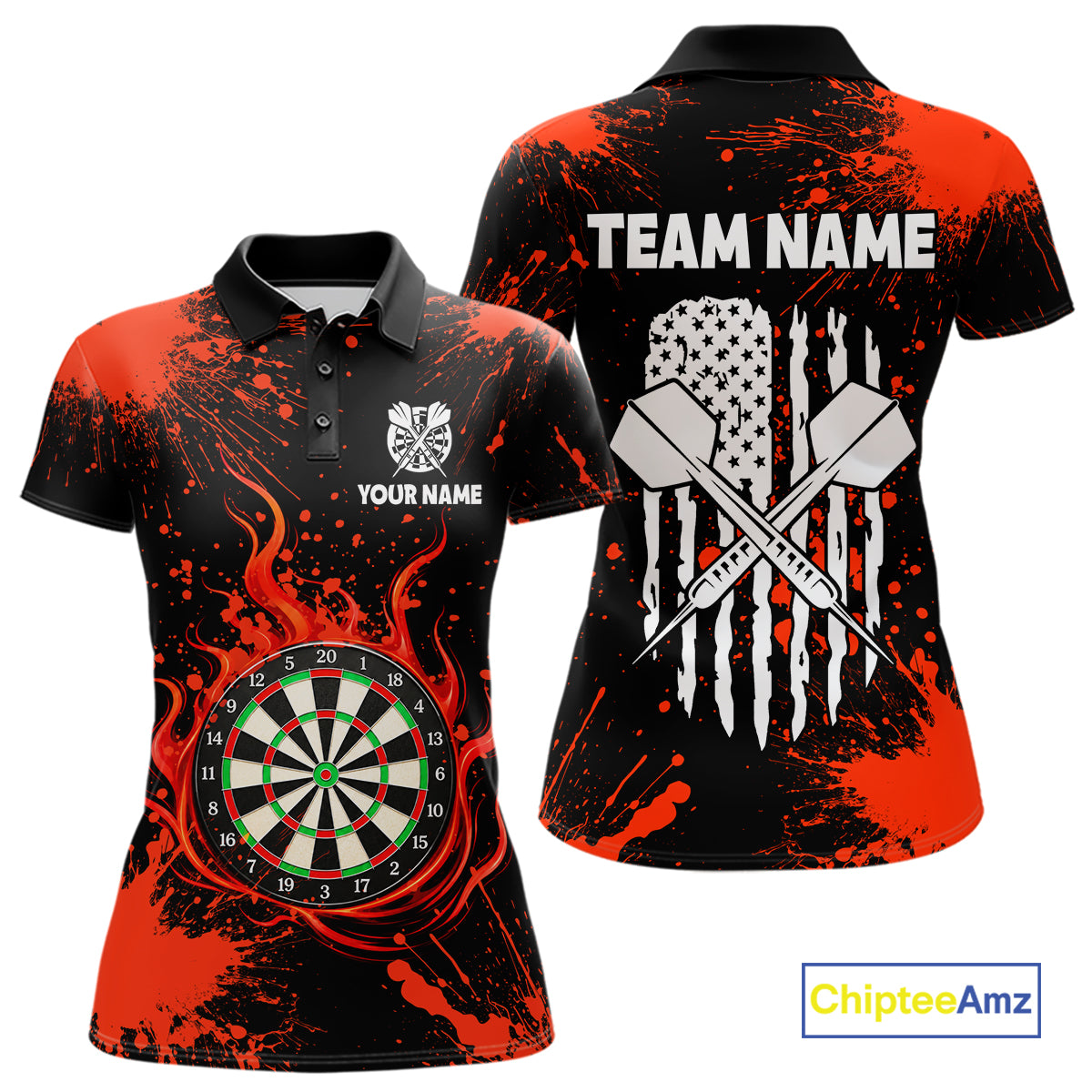 Custom Red Splatter Dartboard Flame Darts Polo 1/4-Zip Shirt For Women US Flag Darts Team Apparel NYN4530