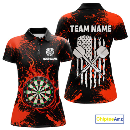 Custom Red Splatter Dartboard Flame Darts Polo 1/4-Zip Shirt For Women US Flag Darts Team Apparel NYN4530