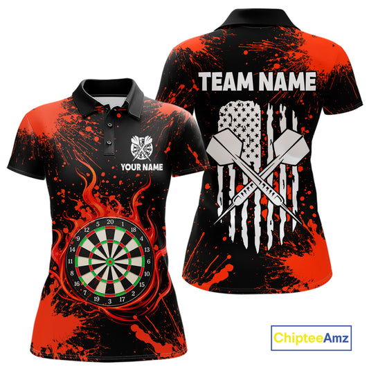 Custom Red Splatter Dartboard Flame Darts Polo 1/4-Zip Shirt For Women US Flag Darts Team Apparel NYN4530