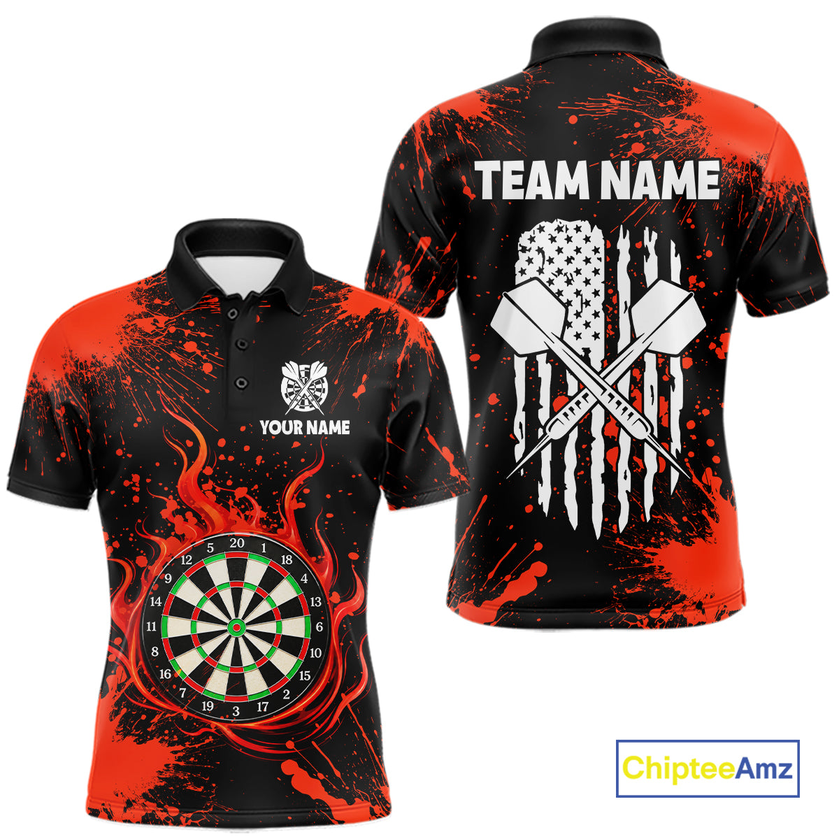 Custom Red Splatter Dartboard Flame Darts Polo 1/4-Zip Shirt For Men US Flag Darts Team Apparel NYN4530