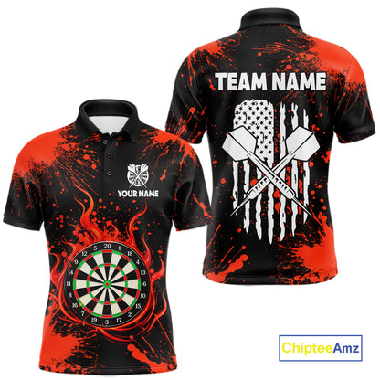 Custom Red Splatter Dartboard Flame Darts Polo 1/4-Zip Shirt For Men US Flag Darts Team Apparel NYN4530