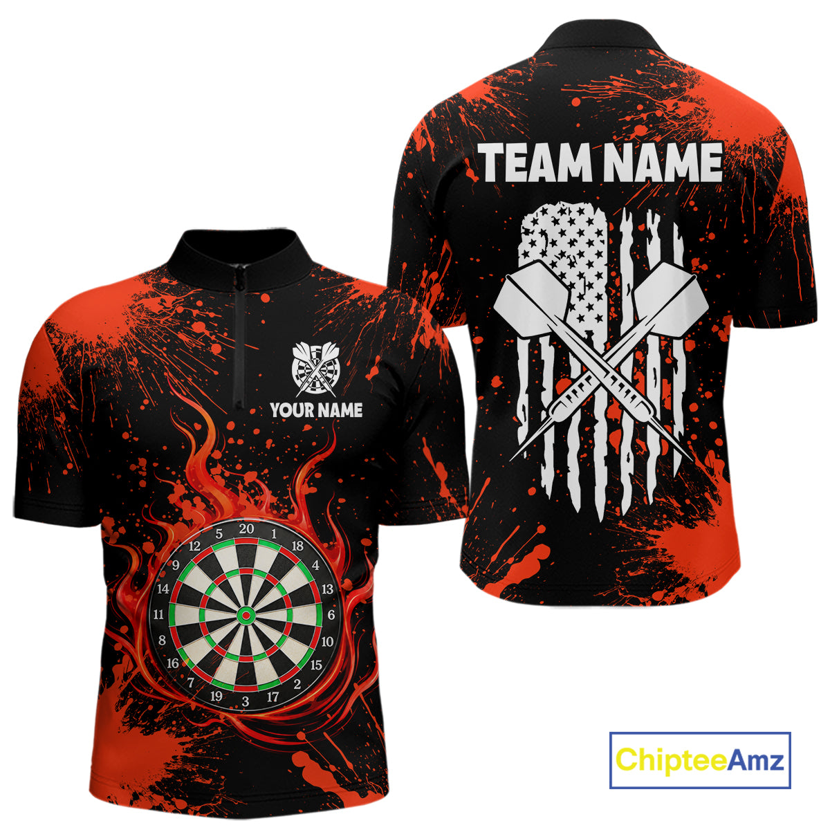 Custom Red Splatter Dartboard Flame Darts Polo 1/4-Zip Shirt For Men US Flag Darts Team Apparel NYN4530