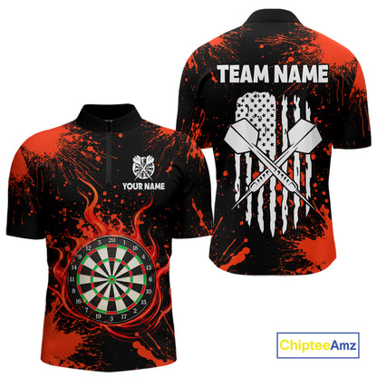 Custom Red Splatter Dartboard Flame Darts Polo 1/4-Zip Shirt For Men US Flag Darts Team Apparel NYN4530