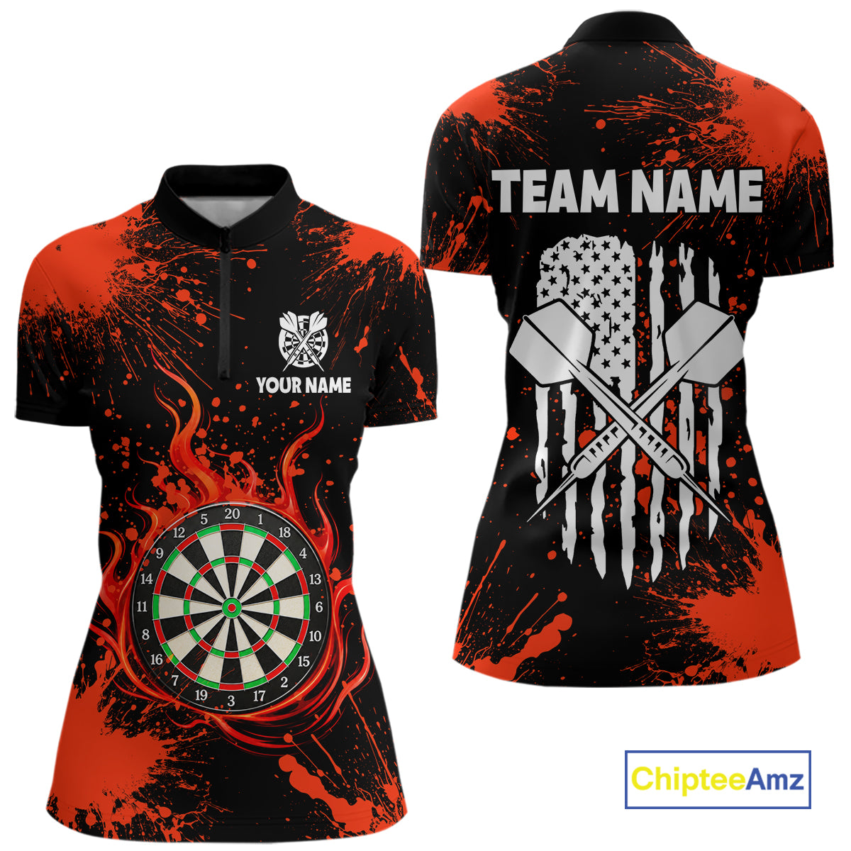 Custom Red Splatter Dartboard Flame Darts Polo 1/4-Zip Shirt For Women US Flag Darts Team Apparel NYN4530