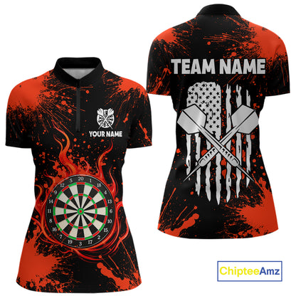 Custom Red Splatter Dartboard Flame Darts Polo 1/4-Zip Shirt For Women US Flag Darts Team Apparel NYN4530