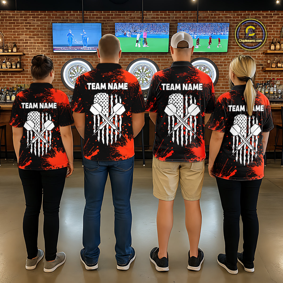 Custom Red Splatter Dartboard Flame Darts Polo 1/4-Zip Shirt For Men US Flag Darts Team Apparel NYN4530