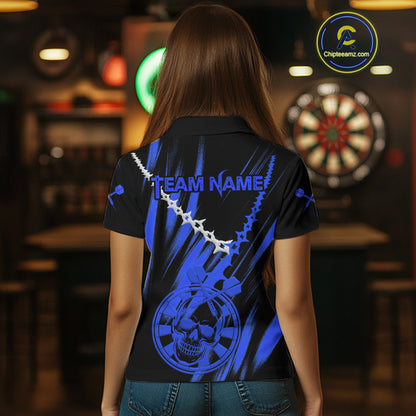Custom White Chain Blue Skull Dartboard Dart Women Polo Jerseys Grunge Dart Shirt NYN1718