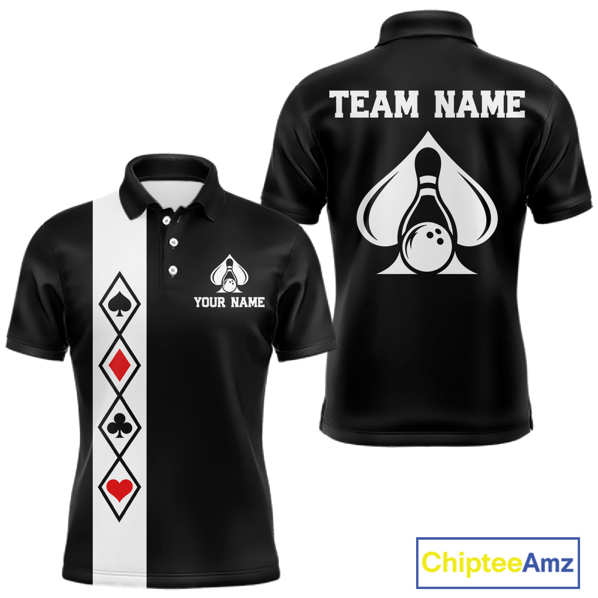 Poker Bowling Polo Quarter-Zip Shirt For Men Custom Black And Red Poker Bowling Tournament Jersey NYN4906