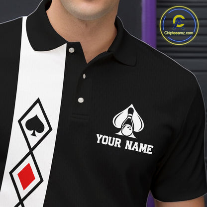 Poker Bowling Polo Quarter-Zip Shirt For Men Custom Black And Red Poker Bowling Tournament Jersey NYN4906
