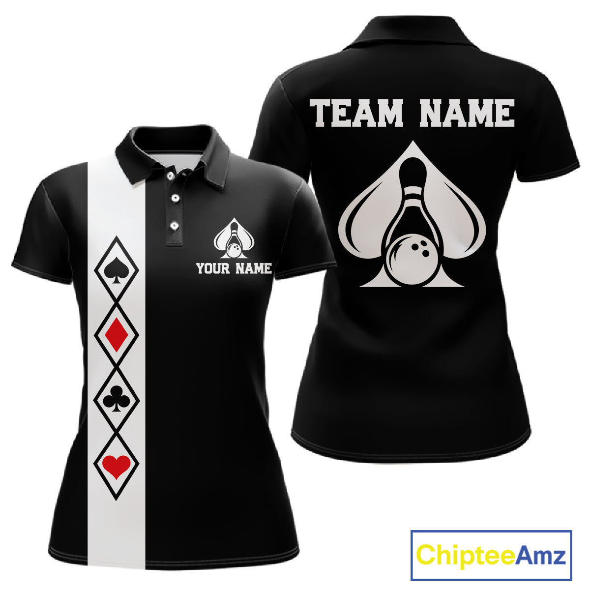 Poker Bowling Polo Quarter-Zip Shirt For Women Custom Black And Red Poker Bowling Tournament Jersey NYN4906