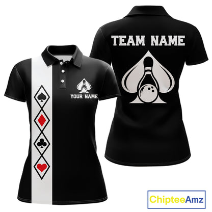 Poker Bowling Polo Quarter-Zip Shirt For Women Custom Black And Red Poker Bowling Tournament Jersey NYN4906