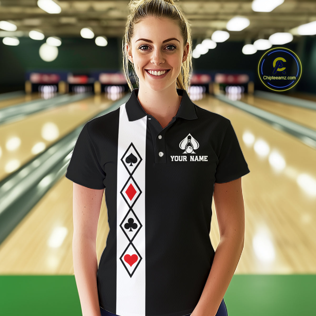 Poker Bowling Polo Quarter-Zip Shirt For Women Custom Black And Red Poker Bowling Tournament Jersey NYN4906
