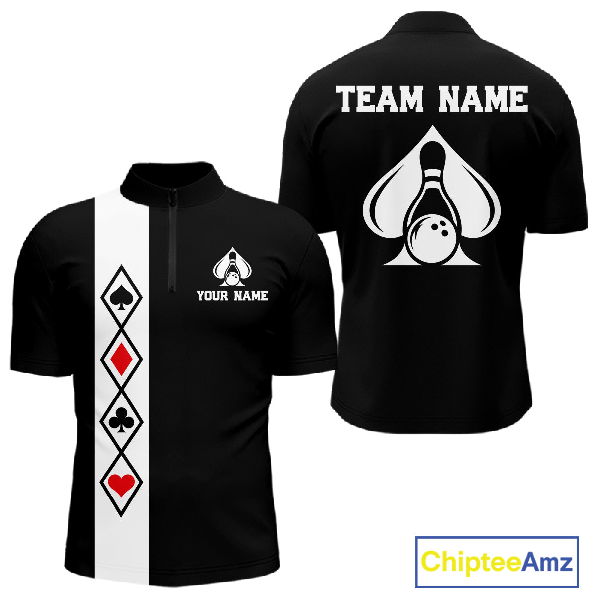 Poker Bowling Polo Quarter-Zip Shirt For Men Custom Black And Red Poker Bowling Tournament Jersey NYN4906