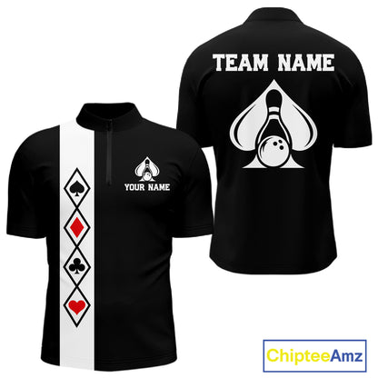 Poker Bowling Polo Quarter-Zip Shirt For Men Custom Black And Red Poker Bowling Tournament Jersey NYN4906