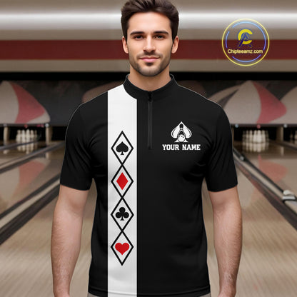 Poker Bowling Polo Quarter-Zip Shirt For Men Custom Black And Red Poker Bowling Tournament Jersey NYN4906