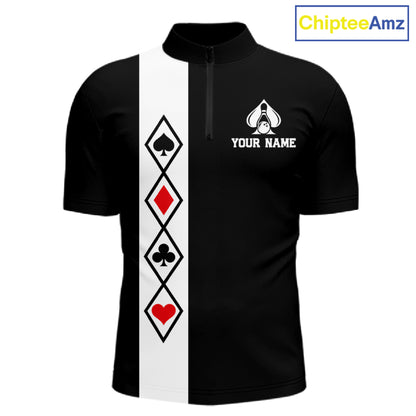 Poker Bowling Polo Quarter-Zip Shirt For Men Custom Black And Red Poker Bowling Tournament Jersey NYN4906