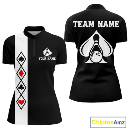 Poker Bowling Polo Quarter-Zip Shirt For Women Custom Black And Red Poker Bowling Tournament Jersey NYN4906