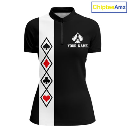 Poker Bowling Polo Quarter-Zip Shirt For Women Custom Black And Red Poker Bowling Tournament Jersey NYN4906