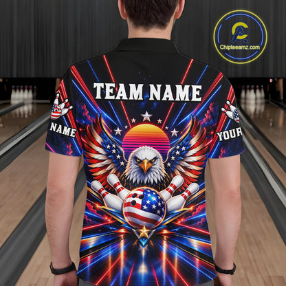 Eagle Bowling Polo 1/4-Zip Shirt For Men Custom Red & Blue Lighting Retro 80S Bowling Team Jersey NYN4909