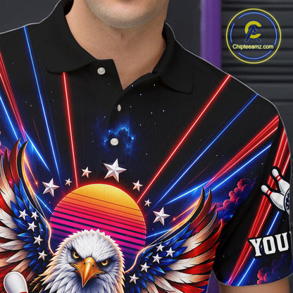 Eagle Bowling Polo 1/4-Zip Shirt For Men Custom Red & Blue Lighting Retro 80S Bowling Team Jersey NYN4909
