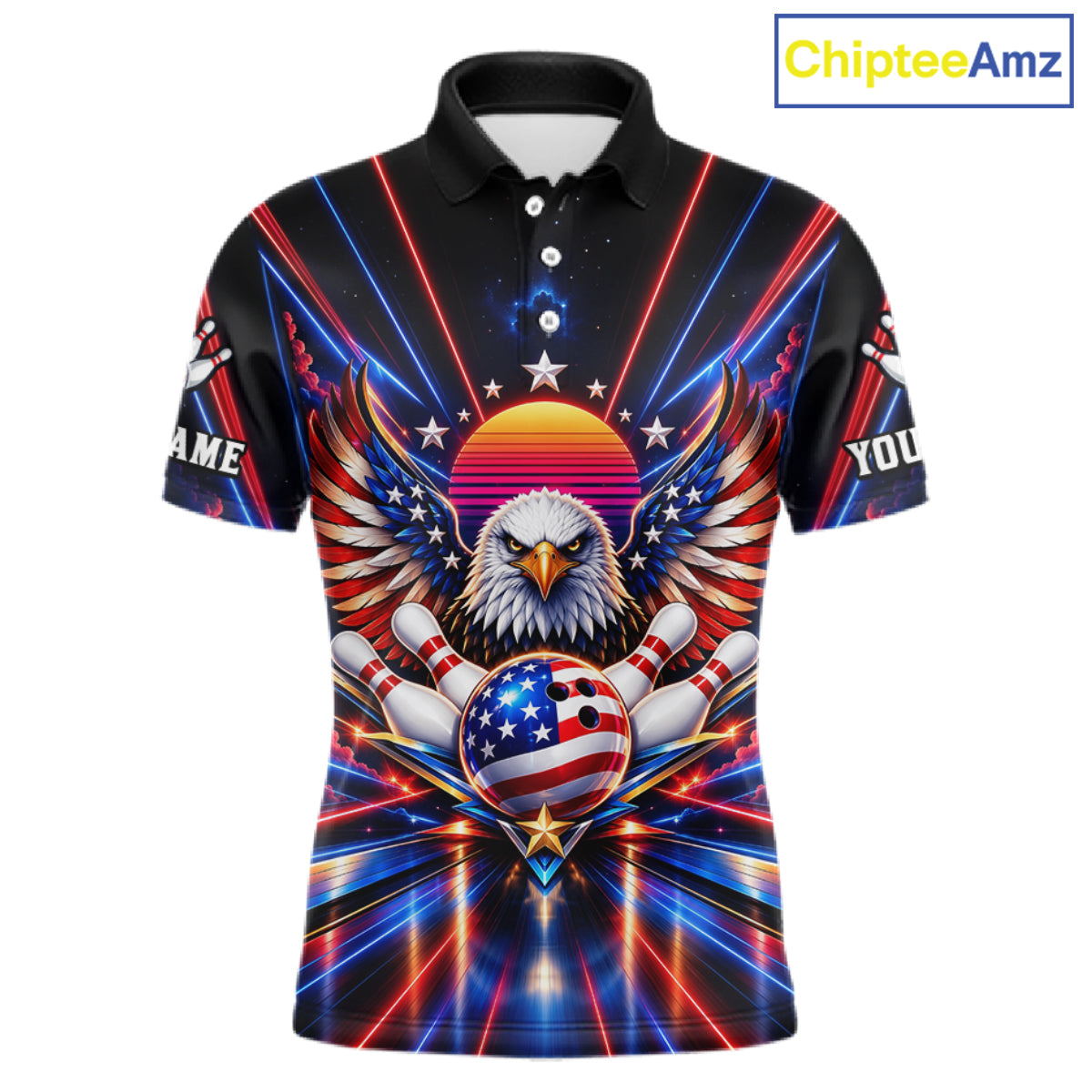 Eagle Bowling Polo 1/4-Zip Shirt For Men Custom Red & Blue Lighting Retro 80S Bowling Team Jersey NYN4909