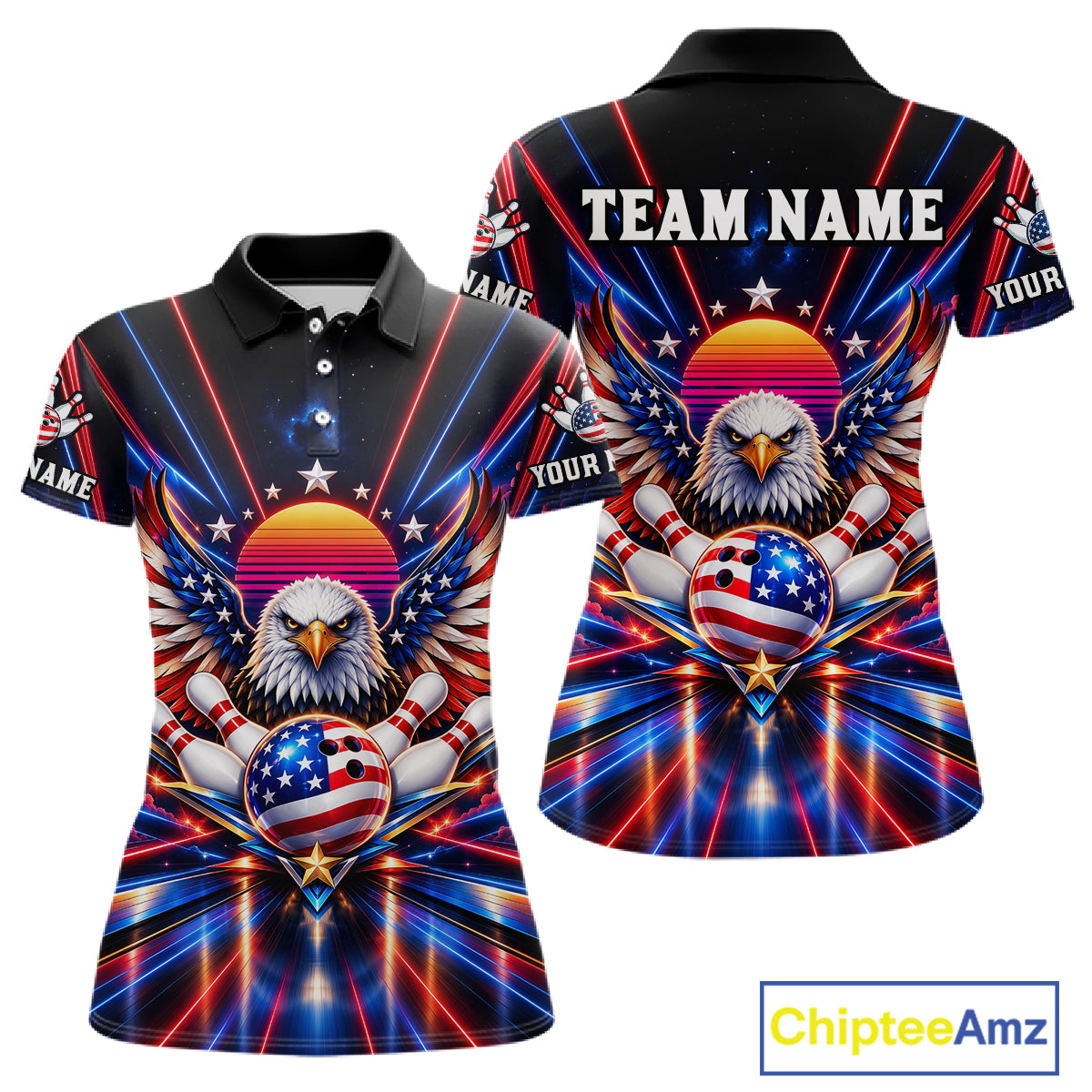 Eagle Bowling Polo 1/4-Zip Shirt For Women Custom Red & Blue Lighting Retro 80S Bowling Team Jersey NYN4909