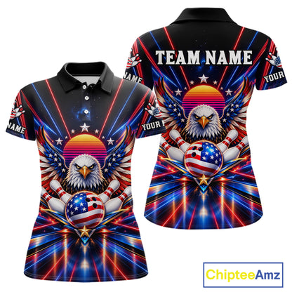 Eagle Bowling Polo 1/4-Zip Shirt For Women Custom Red & Blue Lighting Retro 80S Bowling Team Jersey NYN4909