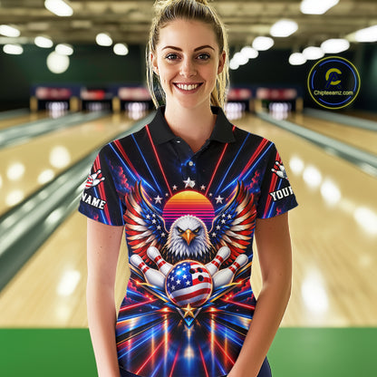 Eagle Bowling Polo 1/4-Zip Shirt For Women Custom Red & Blue Lighting Retro 80S Bowling Team Jersey NYN4909