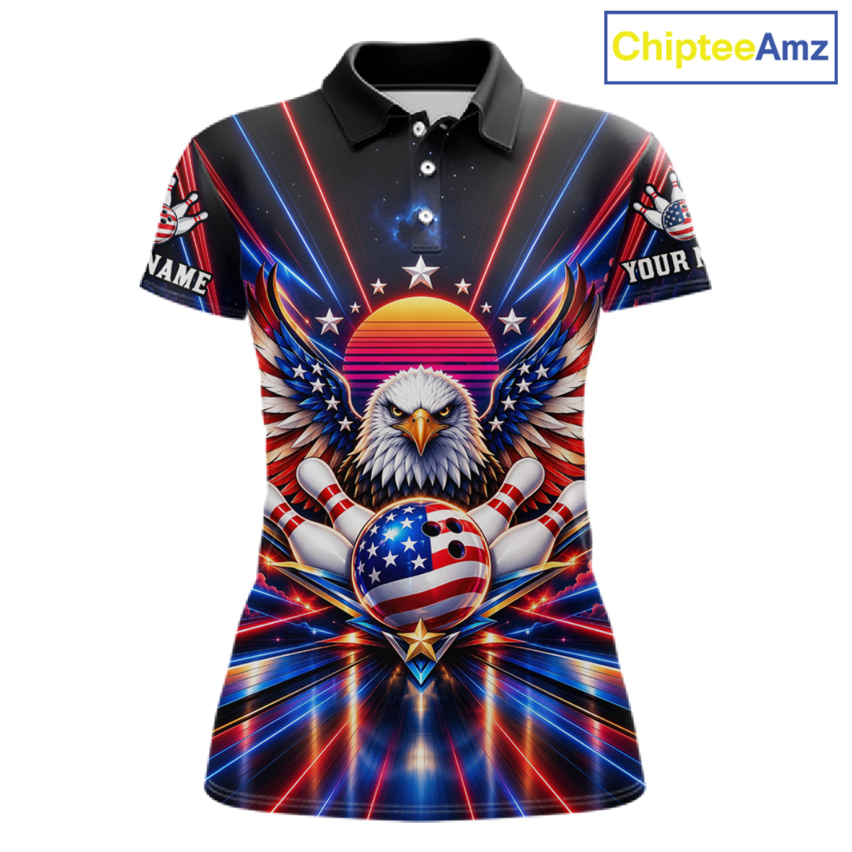 Eagle Bowling Polo 1/4-Zip Shirt For Women Custom Red & Blue Lighting Retro 80S Bowling Team Jersey NYN4909