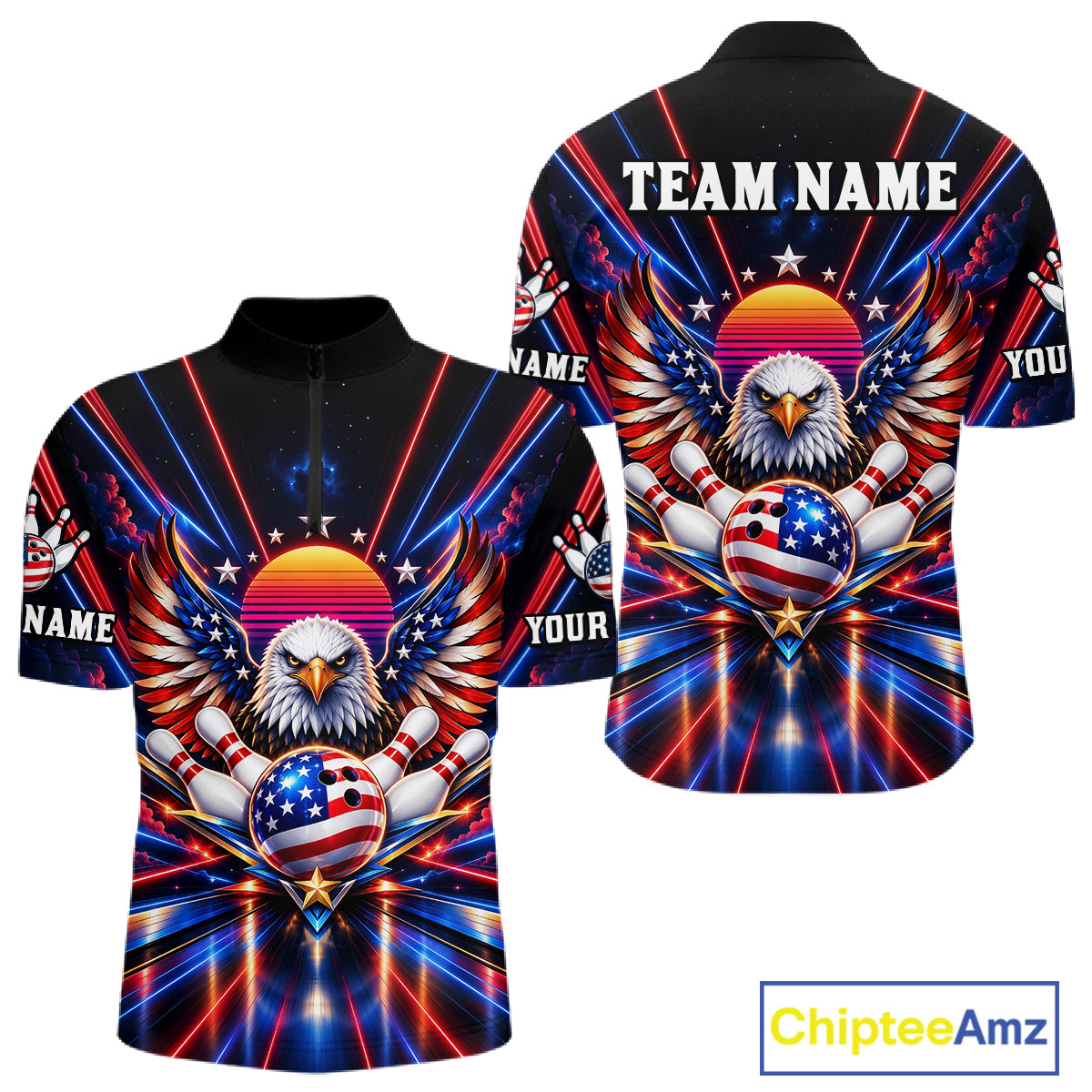 Eagle Bowling Polo 1/4-Zip Shirt For Men Custom Red & Blue Lighting Retro 80S Bowling Team Jersey NYN4909