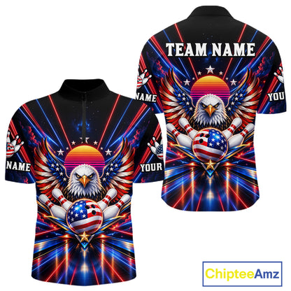Eagle Bowling Polo 1/4-Zip Shirt For Men Custom Red & Blue Lighting Retro 80S Bowling Team Jersey NYN4909