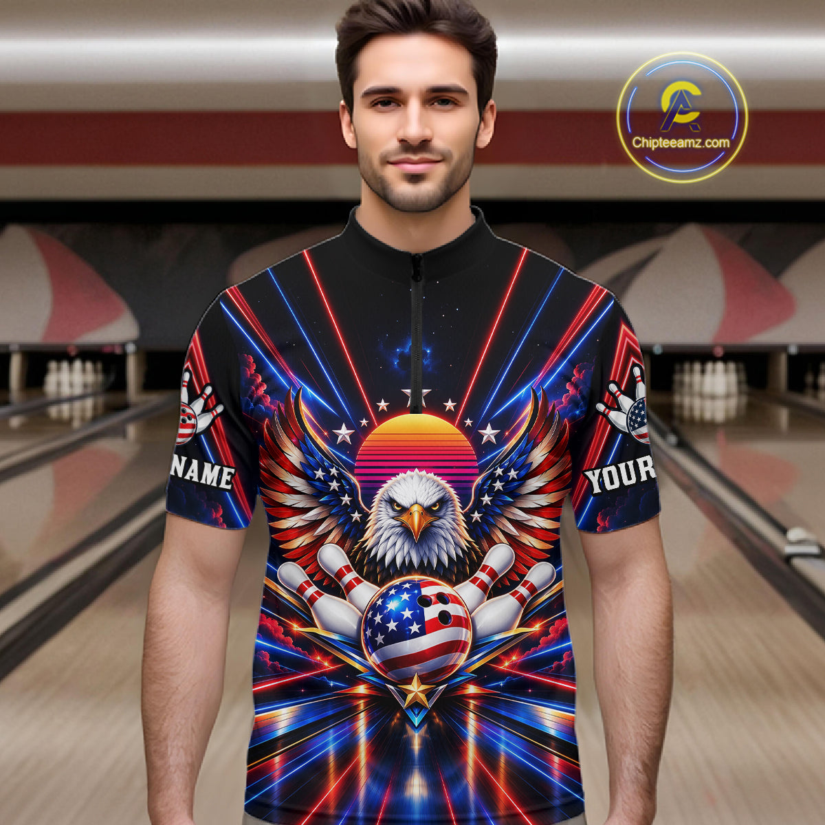 Eagle Bowling Polo 1/4-Zip Shirt For Men Custom Red & Blue Lighting Retro 80S Bowling Team Jersey NYN4909