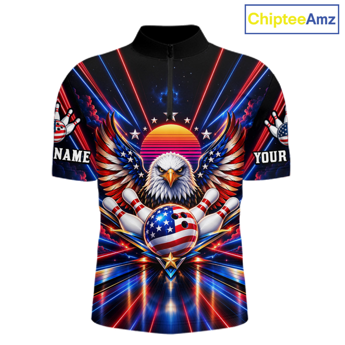 Eagle Bowling Polo 1/4-Zip Shirt For Men Custom Red & Blue Lighting Retro 80S Bowling Team Jersey NYN4909