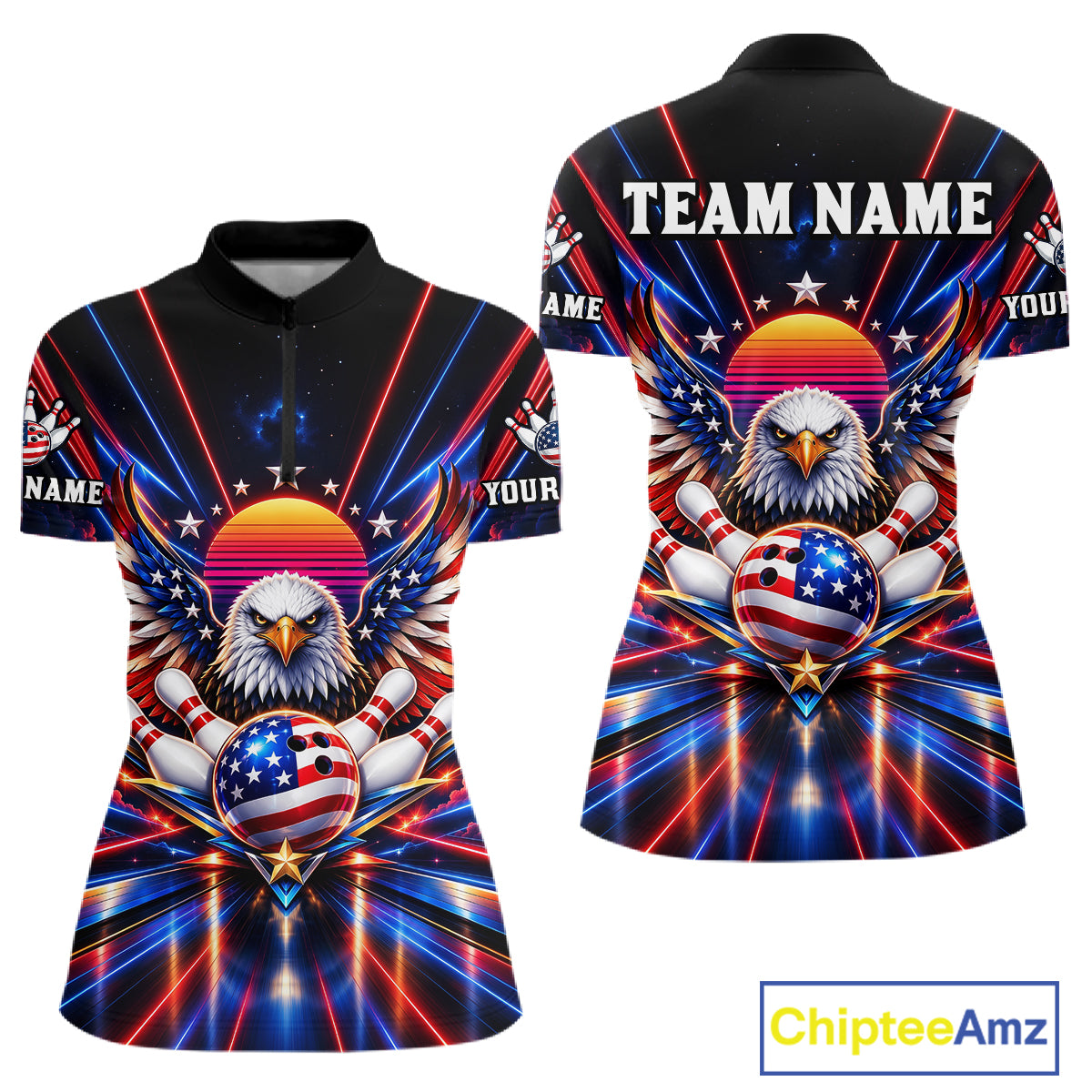 Eagle Bowling Polo 1/4-Zip Shirt For Women Custom Red & Blue Lighting Retro 80S Bowling Team Jersey NYN4909