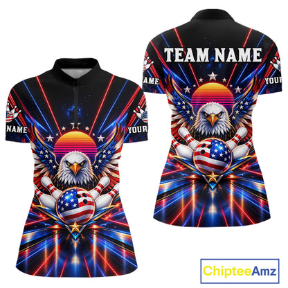 Eagle Bowling Polo 1/4-Zip Shirt For Women Custom Red & Blue Lighting Retro 80S Bowling Team Jersey NYN4909