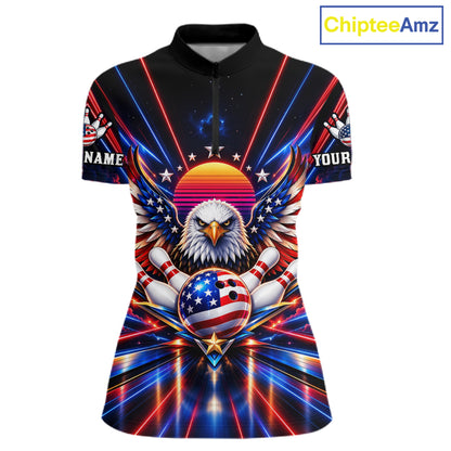 Eagle Bowling Polo 1/4-Zip Shirt For Women Custom Red & Blue Lighting Retro 80S Bowling Team Jersey NYN4909