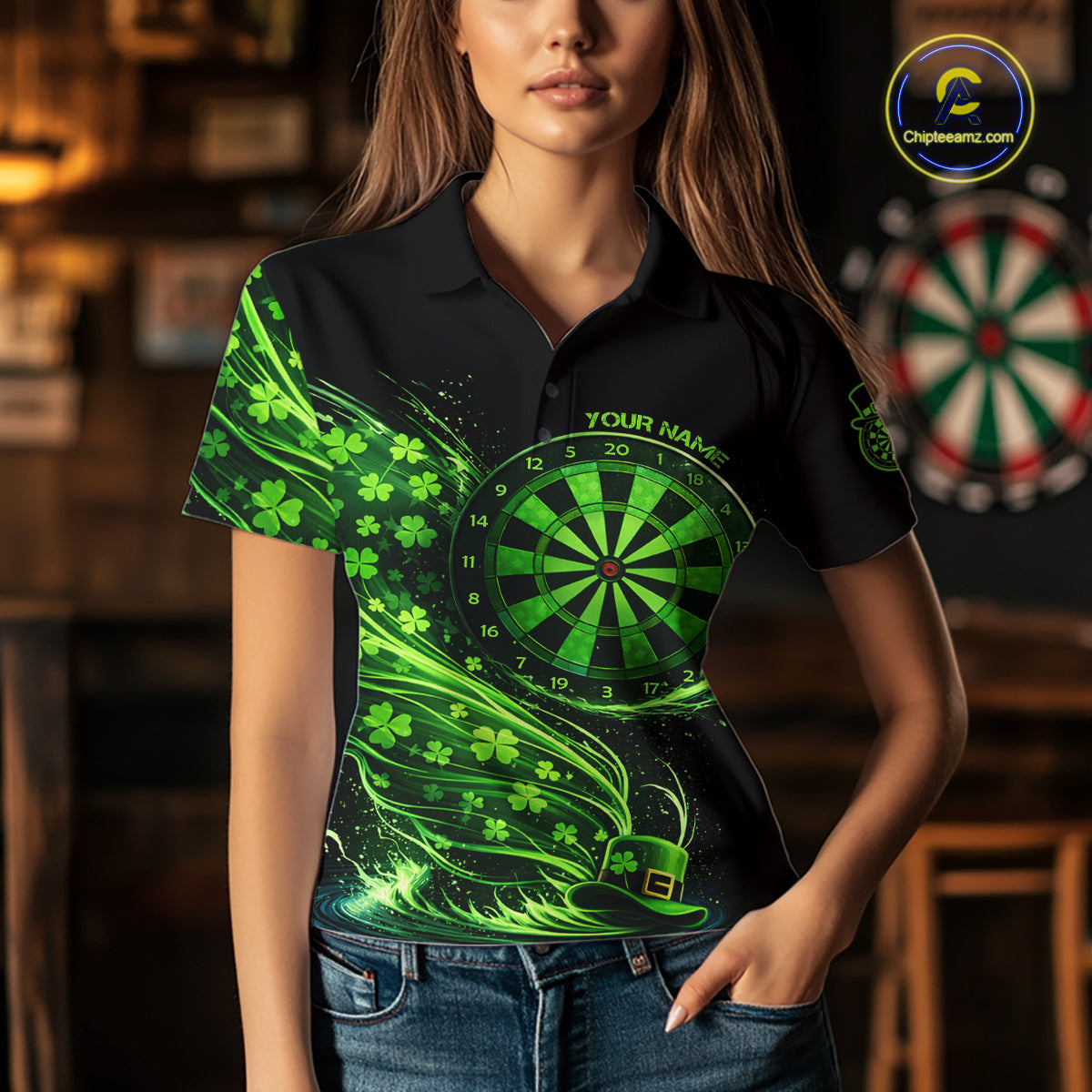 Funny Shamrock Tornado Dartboard Women Darts Polo Shirt Custom St Patrick's Day Darts Team Jersey NYN2532